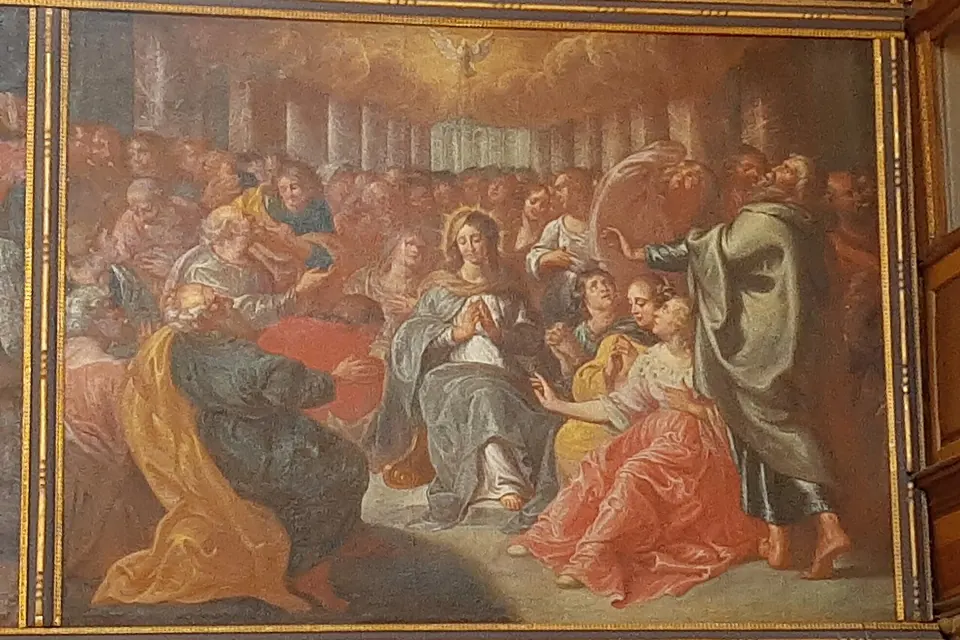 Pintura do Pentecostes: os discípulos reunidos com Maria, com línguas de fogo sobre a cabeça