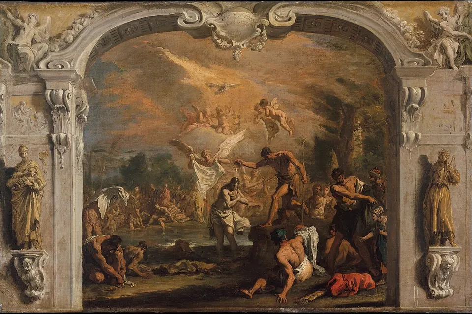 Pintura do batismo de Cristo no rio Jordão, com o céu aberto e a luz descendo