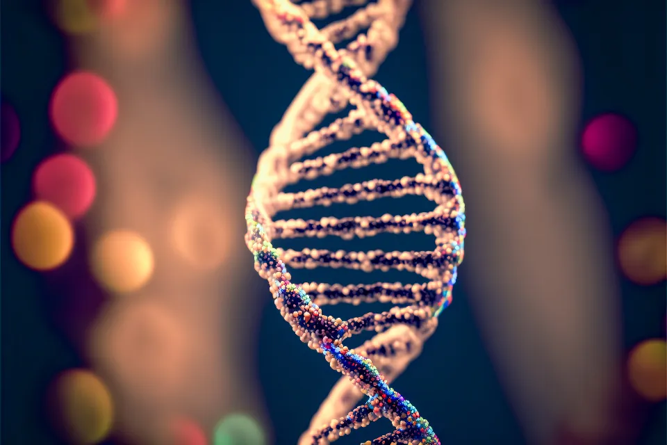 Ilustração de uma fita de DNA em espiral com luzes desfocadas ao fundo