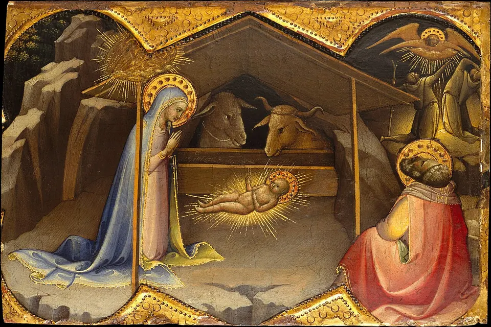 Pintura medieval do nascimento de Jesus: Maria ajoelhada diante do menino na manjedoura, com José ao lado
