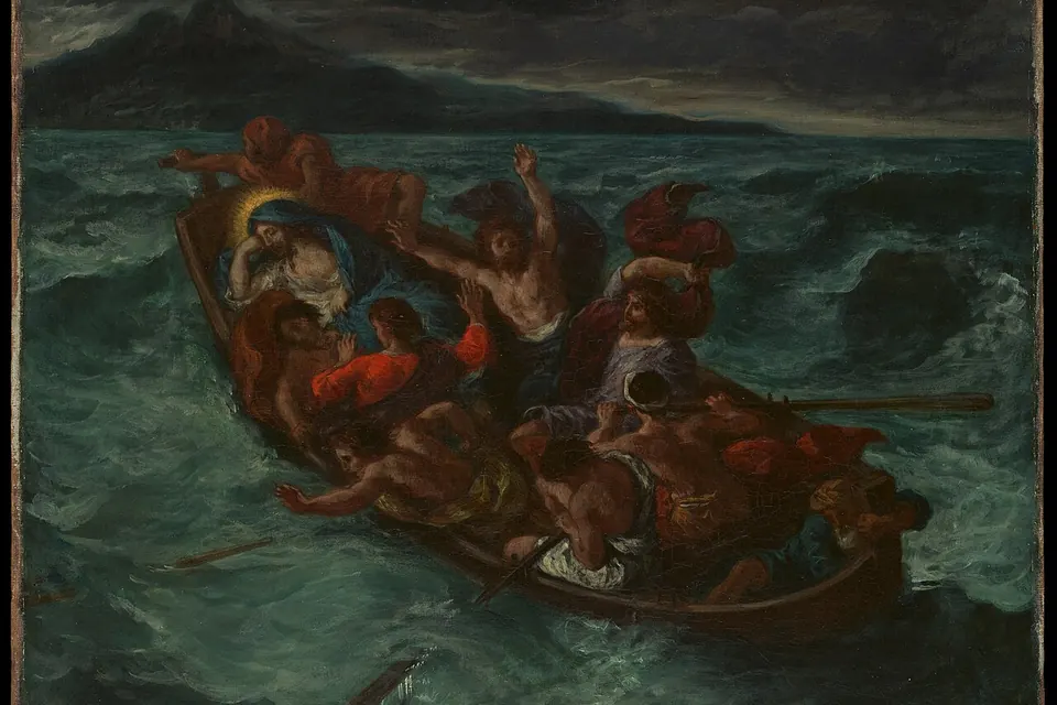 Pintura de Delacroix: os discípulos desesperados num barco na tempestade enquanto Jesus dorme