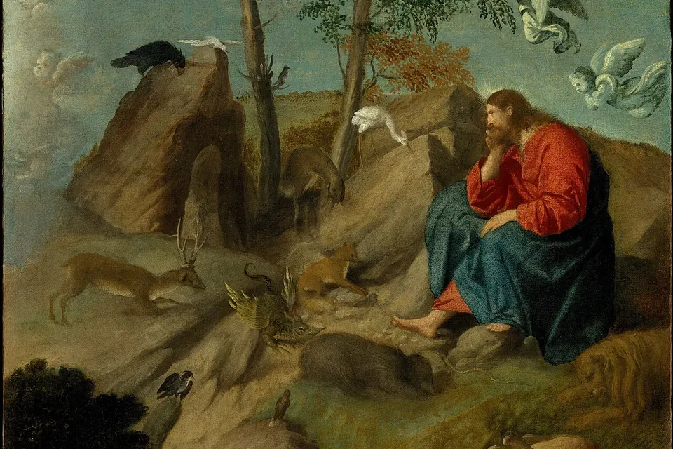Pintura de Jesus sentado sozinho no deserto, entre pedras e animais selvagens